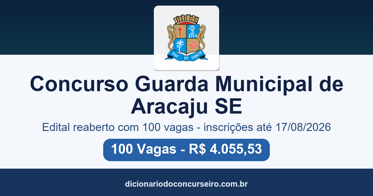 Concurso Guarda Municipal de Aracaju SE 2026: edital reaberto com 100 vagas, inscrições até 17/08/2026