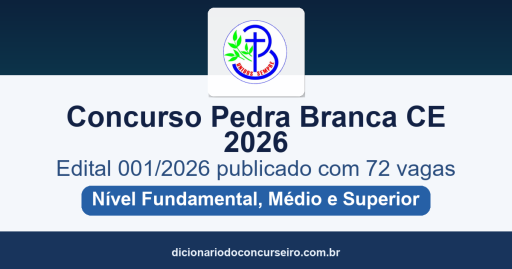 Concurso Câmara Pedra Branca CE 2026: edital 001/2026 publicado com 72 vagas e cadastro de reserva