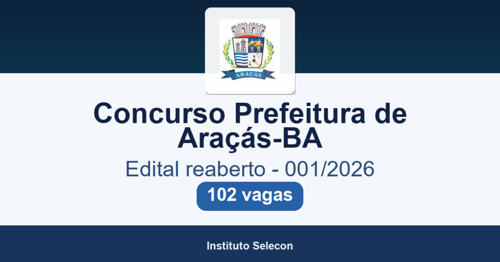 Concurso Prefeitura de Araçás-BA 2026: edital reaberto com 102 vagas