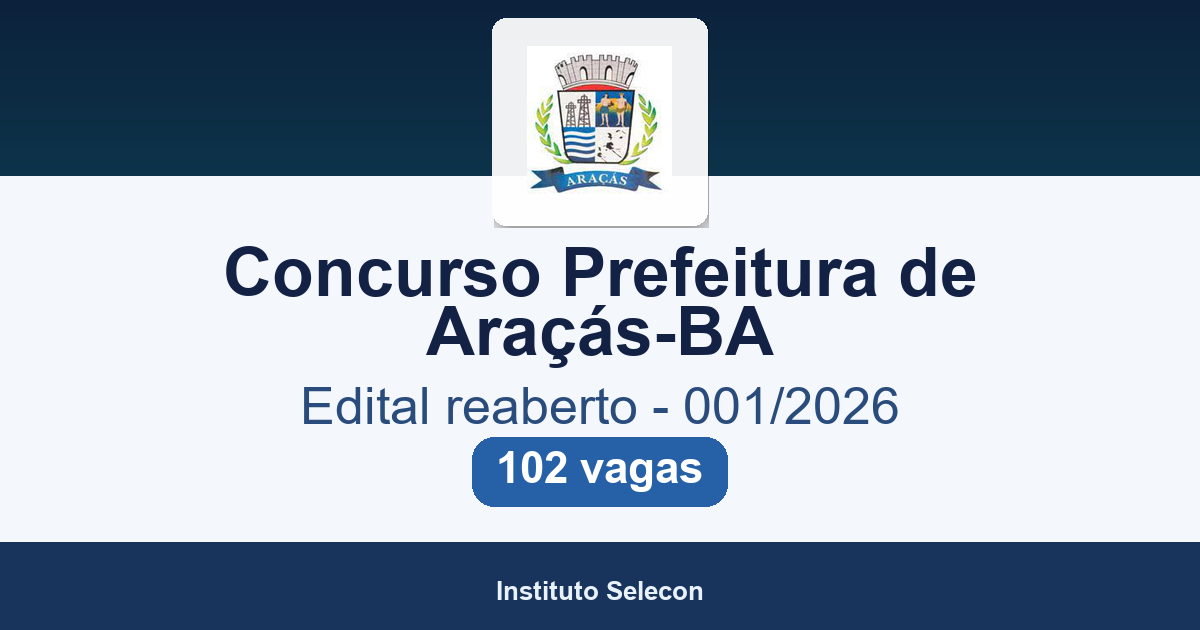 Concurso Prefeitura de Araçás-BA 2026: edital reaberto com 102 vagas