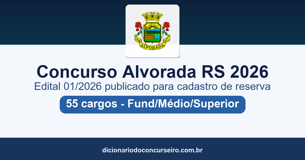 Concurso Prefeitura de Alvorada RS 2026: edital 01/2026 publicado para cadastro de reserva em 55 cargos