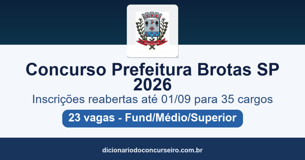 Concurso Prefeitura de Brotas SP 2026: inscrições reabertas até 01/09 para 35 cargos com 23 vagas e cadastro de reserva