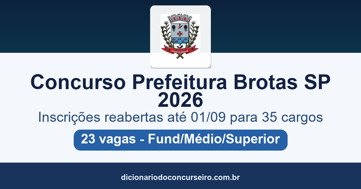 Concurso Prefeitura de Brotas SP 2026: inscrições reabertas até 01/09 para 35 cargos com 23 vagas e cadastro de reserva