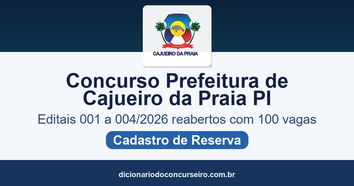 Concurso Prefeitura de Cajueiro da Praia PI 2026: editais 001 a 004/2026 reabertos com 100 vagas e cadastro de reserva