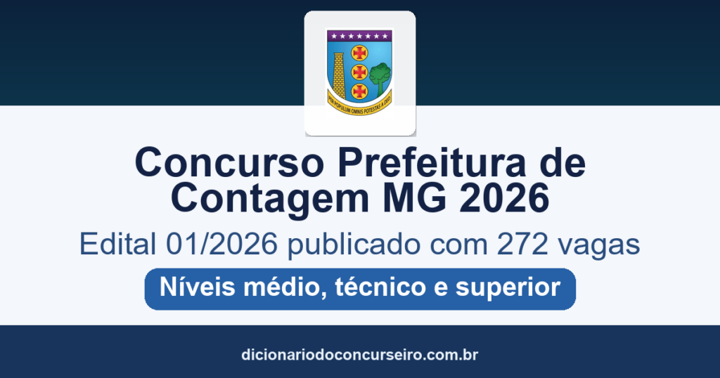 Concurso Prefeitura de Contagem MG 2026: edital 01/2026 publicado com 272 vagas