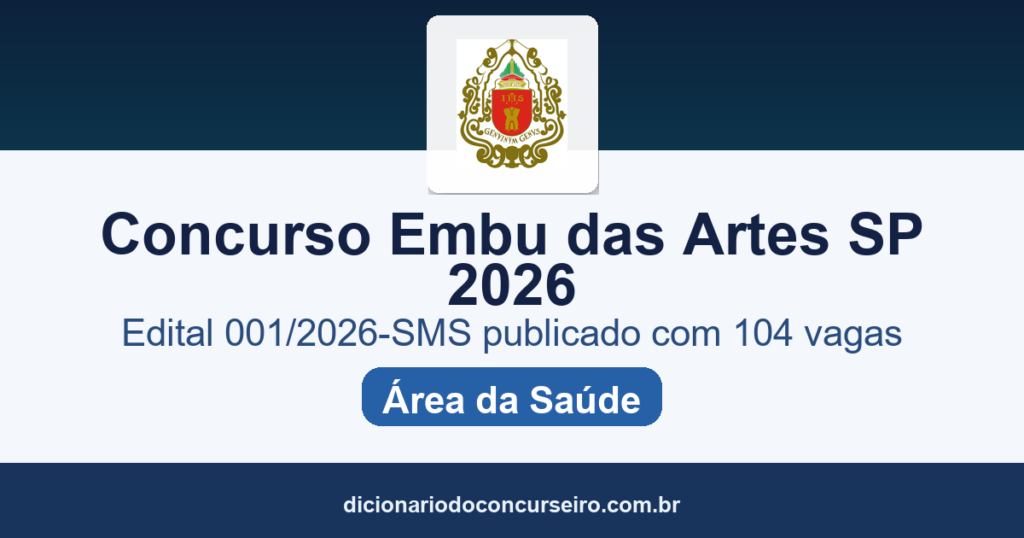 Concurso Prefeitura de Embu das Artes-SP 2026: edital 001/2026-SMS publicado com 104 vagas