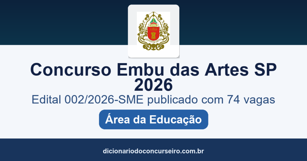 Concurso Prefeitura de Embu das Artes-SP 2026: edital 002/2026-SME publicado com 74 vagas