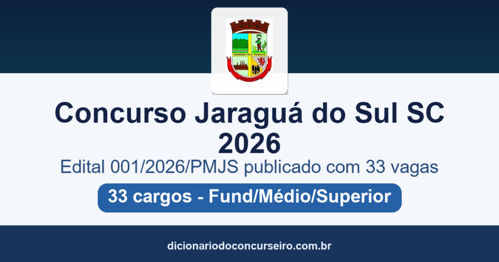 Concurso Prefeitura de Jaraguá do Sul SC 2026: edital 001/2026 publicado com 33 vagas em 33 cargos