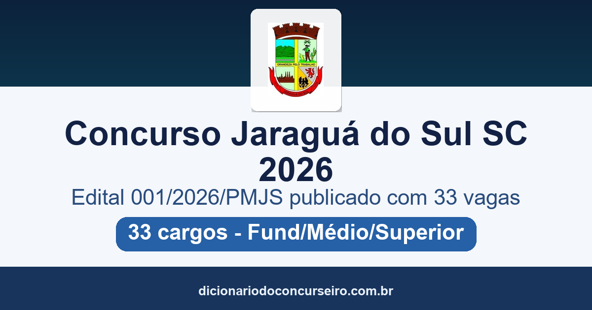 Concurso Prefeitura de Jaraguá do Sul SC 2026: edital 001/2026 publicado com 33 vagas em 33 cargos