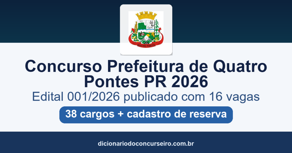 Concurso Prefeitura de Quatro Pontes PR 2026: edital 001/2026 publicado com 16 vagas e cadastro de reserva