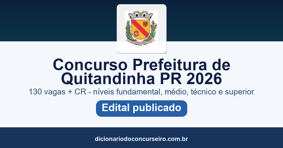 Concurso Prefeitura de Quitandinha PR 2026: edital 001/2026 publicado com 130 vagas e cadastro reserva