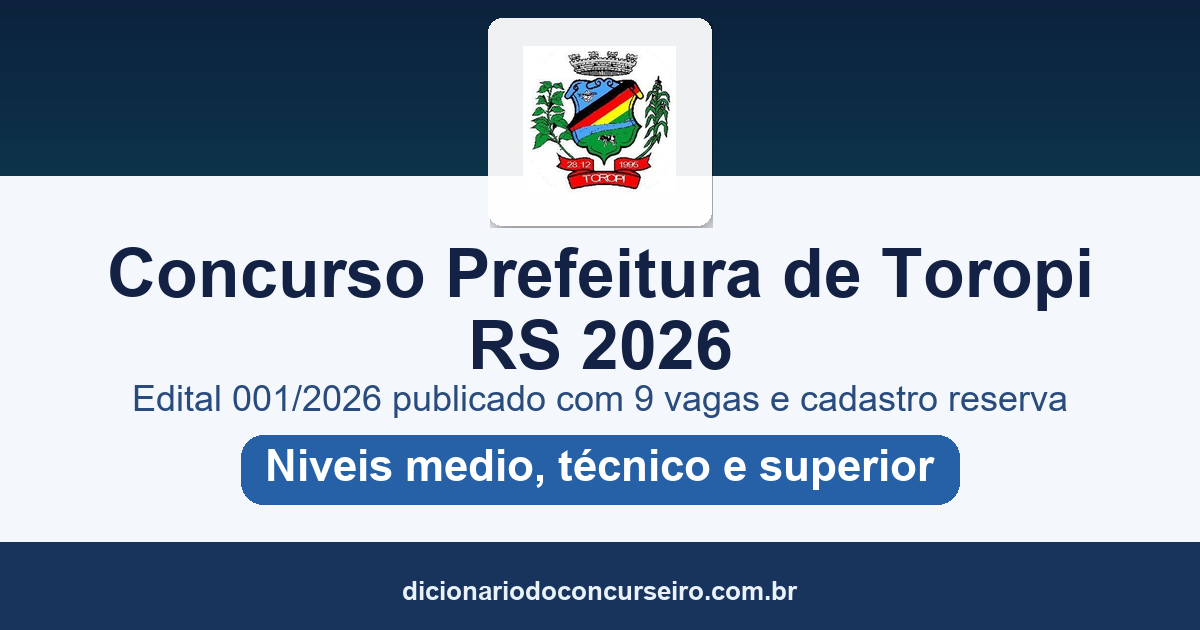 Concurso Prefeitura de Toropi RS 2026: edital 001/2026 publicado com 9 vagas e cadastro reserva