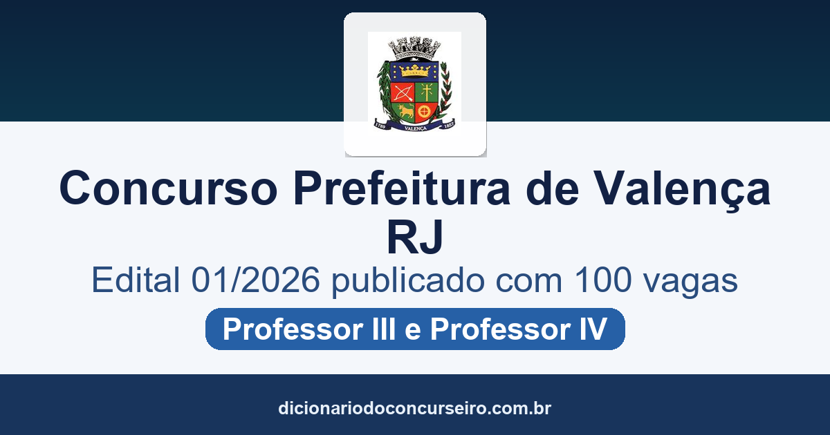Concurso Prefeitura de Valença RJ 2026: edital 01/2026 publicado com 100 vagas e cadastro de reserva