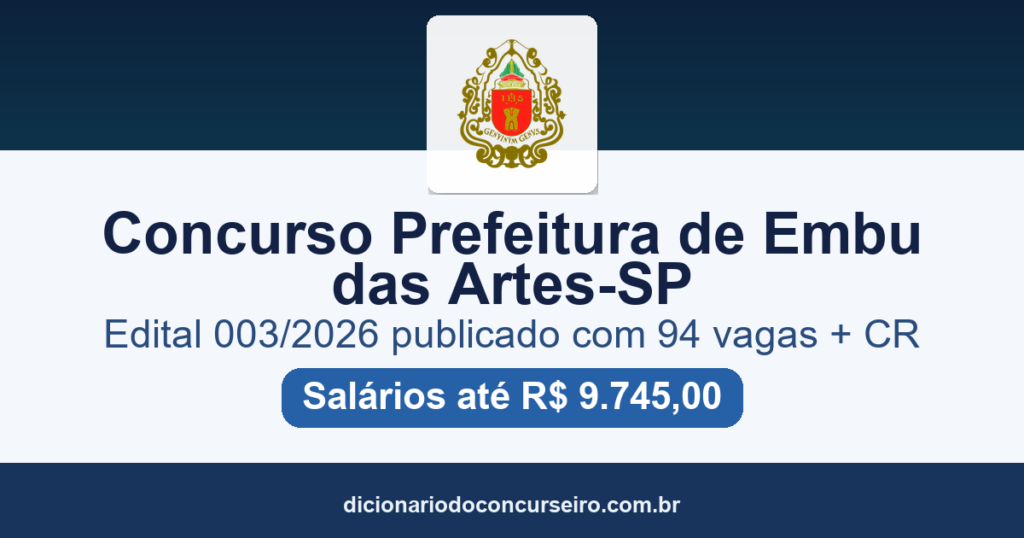 Concurso Prefeitura Embu das Artes-SP 2026: edital publicado com 94 vagas e cadastro reserva