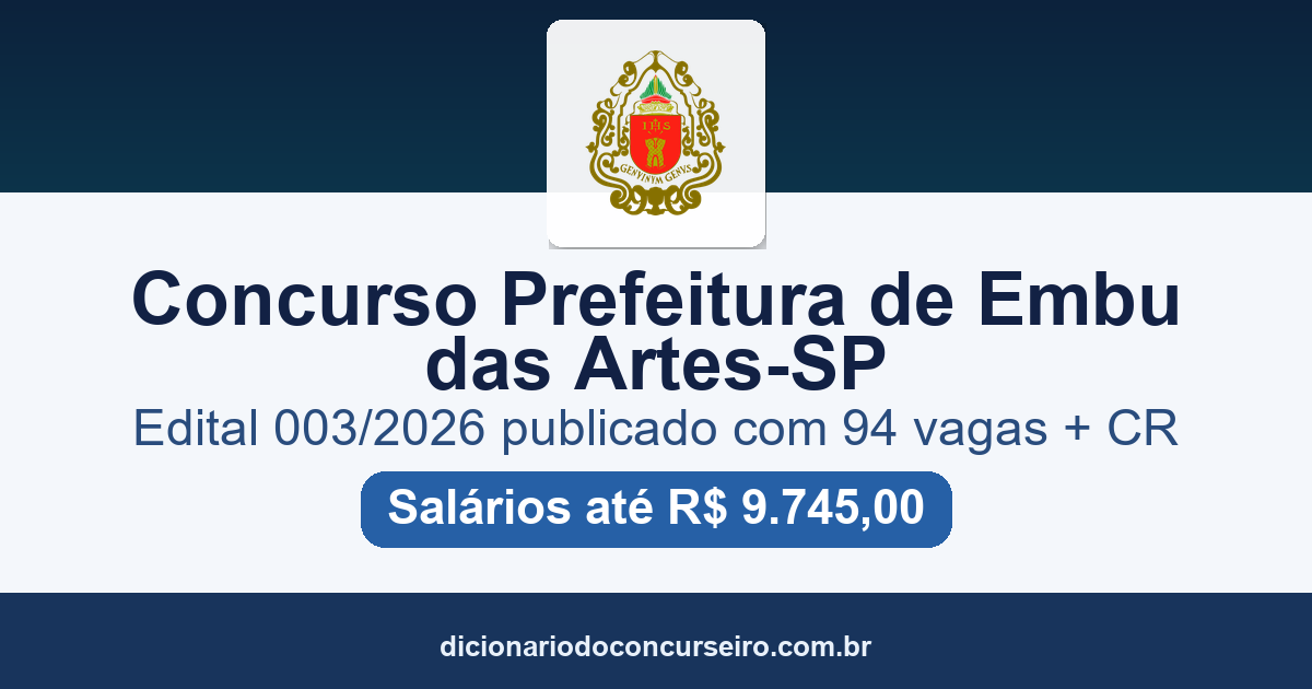 Concurso Prefeitura Embu das Artes-SP 2026: edital publicado com 94 vagas e cadastro reserva