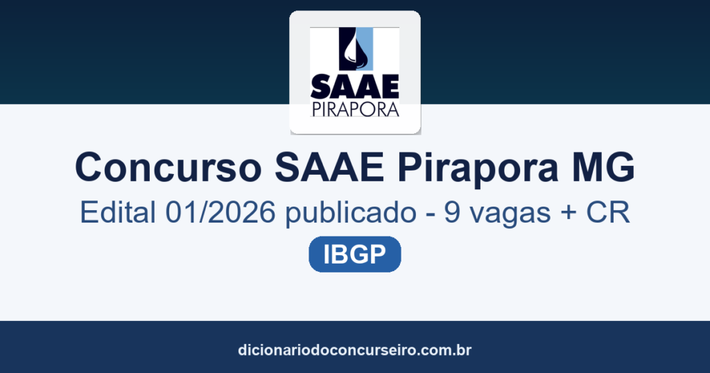 Concurso SAAE Pirapora MG 2026: edital 01/2026 publicado com 9 vagas