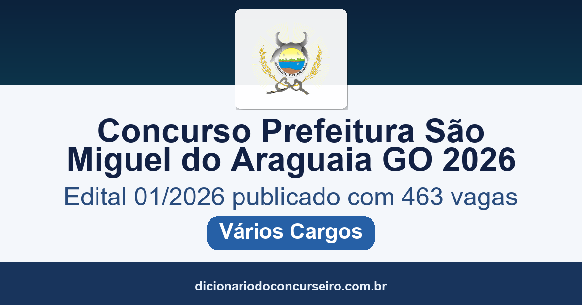Concurso Prefeitura de São Miguel do Araguaia-GO 2026: edital 01/2026 publicado com 463 vagas e cadastro de reserva