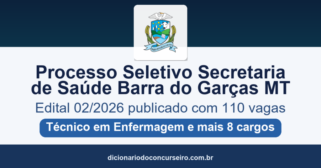 Processo Seletivo Secretaria de Saúde de Barra do Garças MT 2026: edital 02/2026 publicado com 110 vagas e cadastro reserva