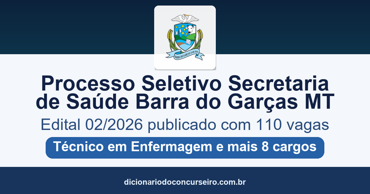 Processo Seletivo Secretaria de Saúde de Barra do Garças MT 2026: edital 02/2026 publicado com 110 vagas e cadastro reserva