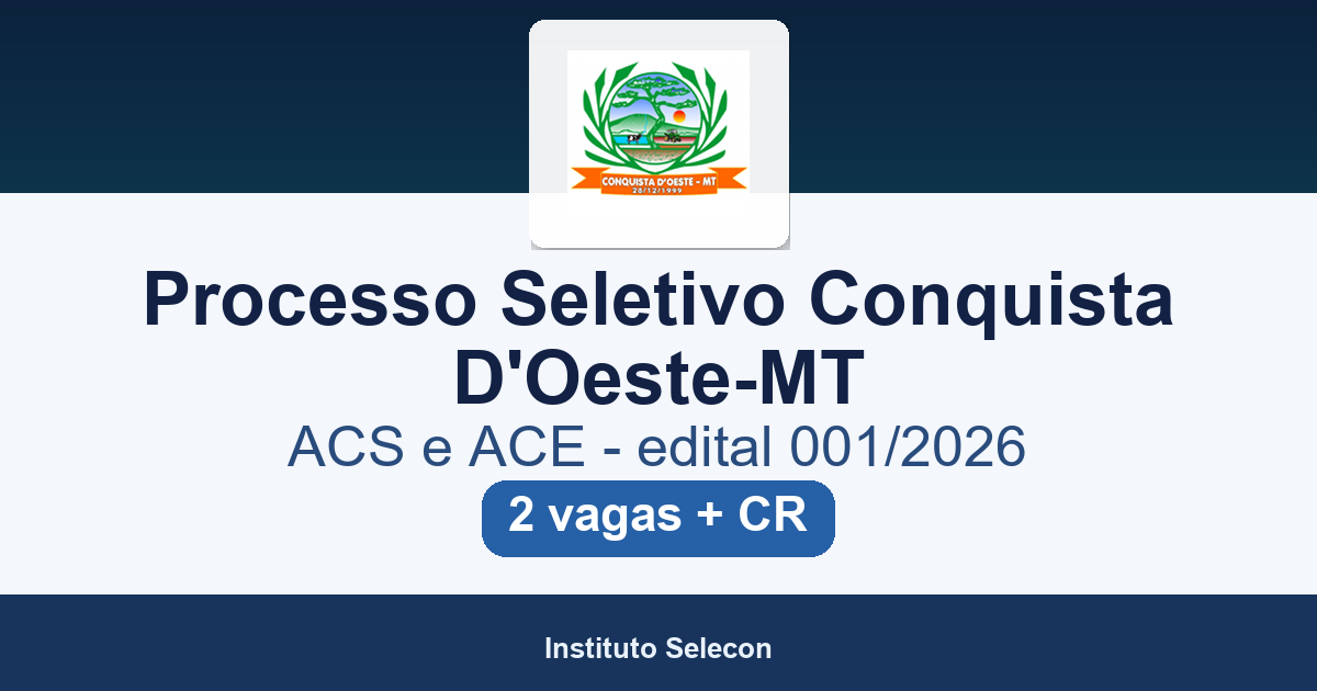 Processo Seletivo Prefeitura de Conquista D’Oeste-MT 2026: edital ACS e ACE publicado