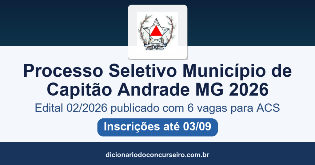 Processo Seletivo Município Capitão Andrade MG 2026: edital 02/2026 publicado com 6 vagas para ACS