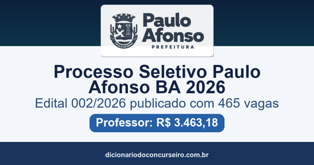 Processo Seletivo Paulo Afonso BA 2026: edital 002/2026 publicado com 465 vagas para professor