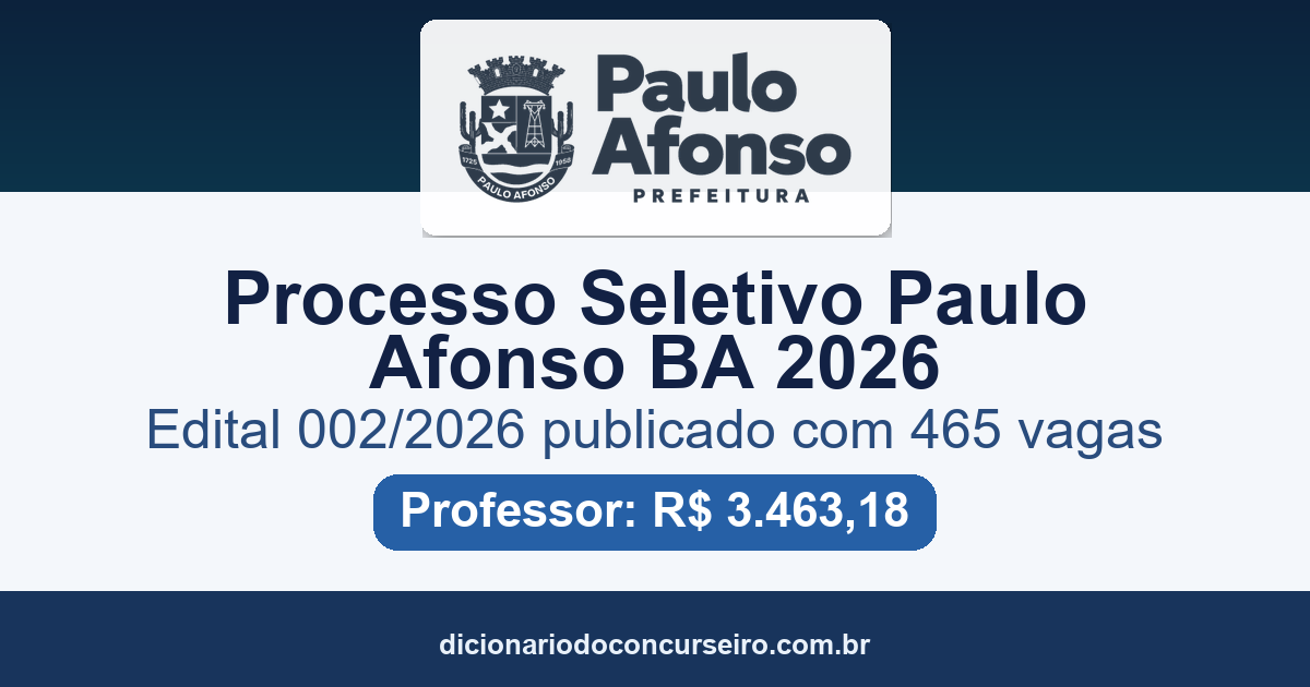 Processo Seletivo Paulo Afonso BA 2026: edital 002/2026 publicado com 465 vagas para professor