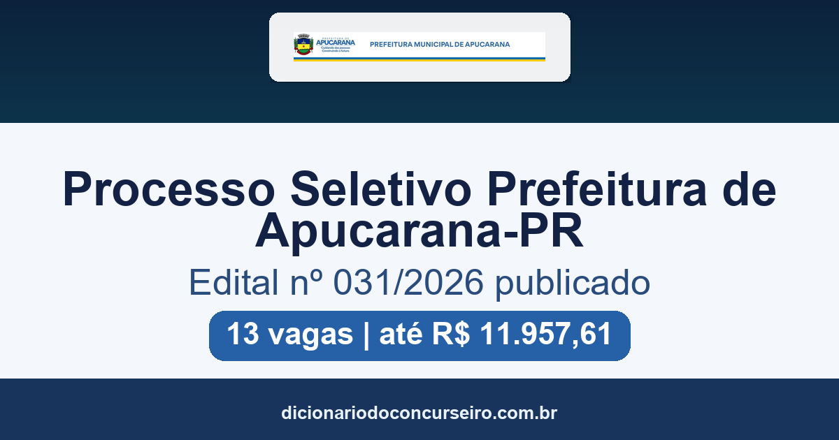 Processo Seletivo Prefeitura de Apucarana-PR 2026: edital publicado