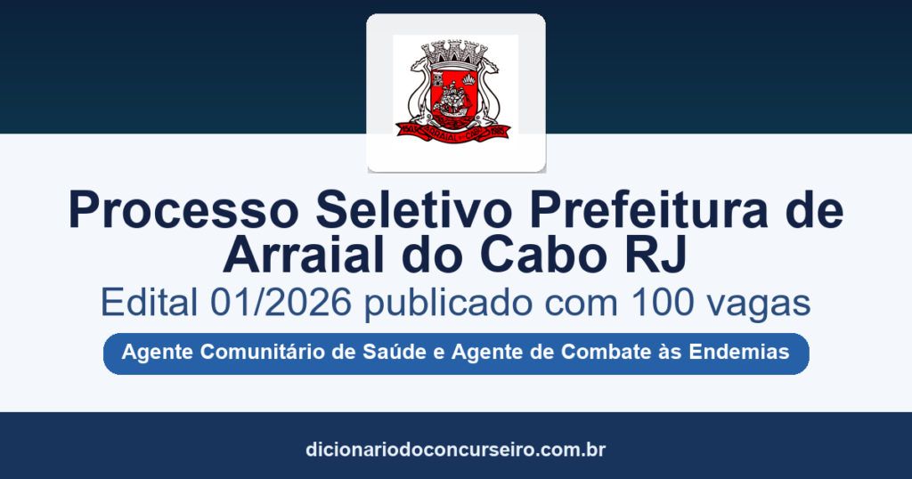 Processo Seletivo Prefeitura de Arraial do Cabo RJ 2026: edital 01/2026 publicado com 100 vagas para ACS e ACE