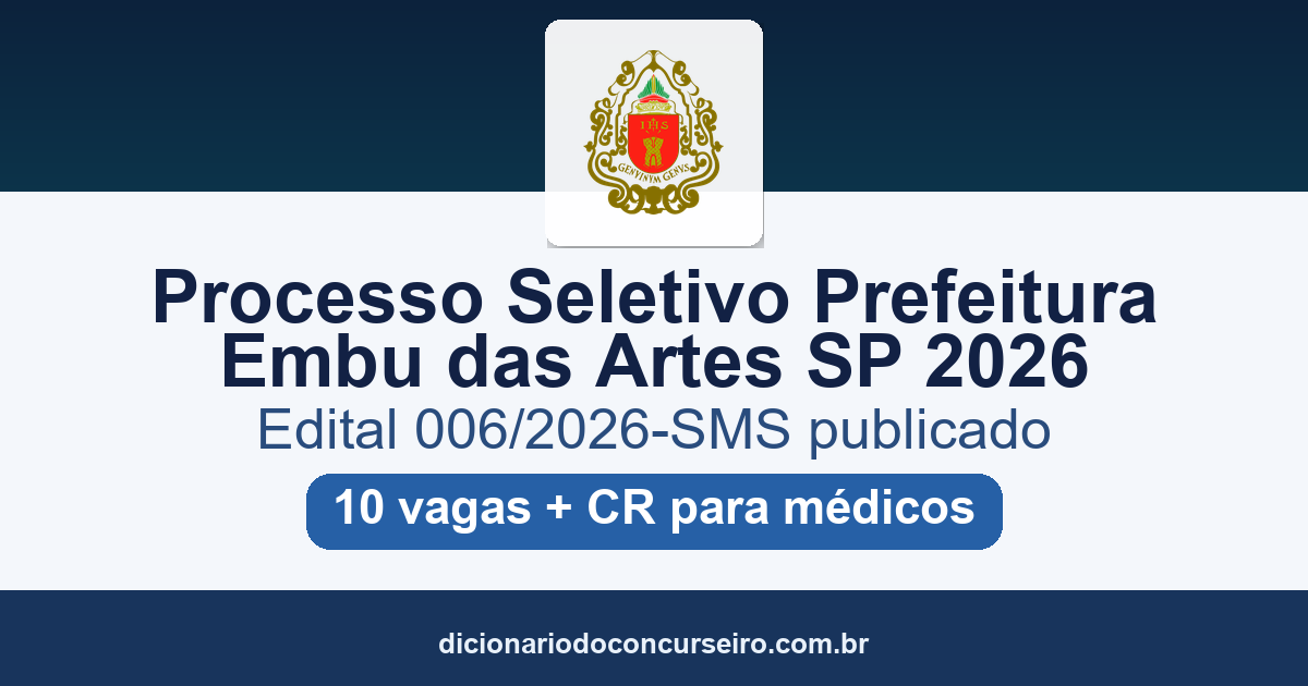 Processo Seletivo Prefeitura Embu das Artes SP 2026: edital 006/2026-SMS publicado com 10 vagas para médicos