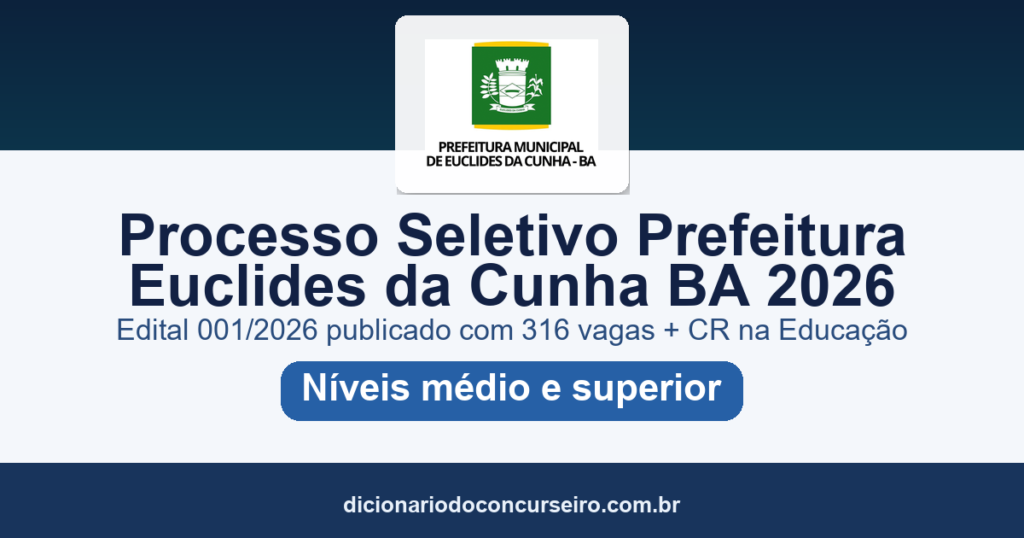 Processo Seletivo Prefeitura Euclides da Cunha BA 2026: edital 001 publicado