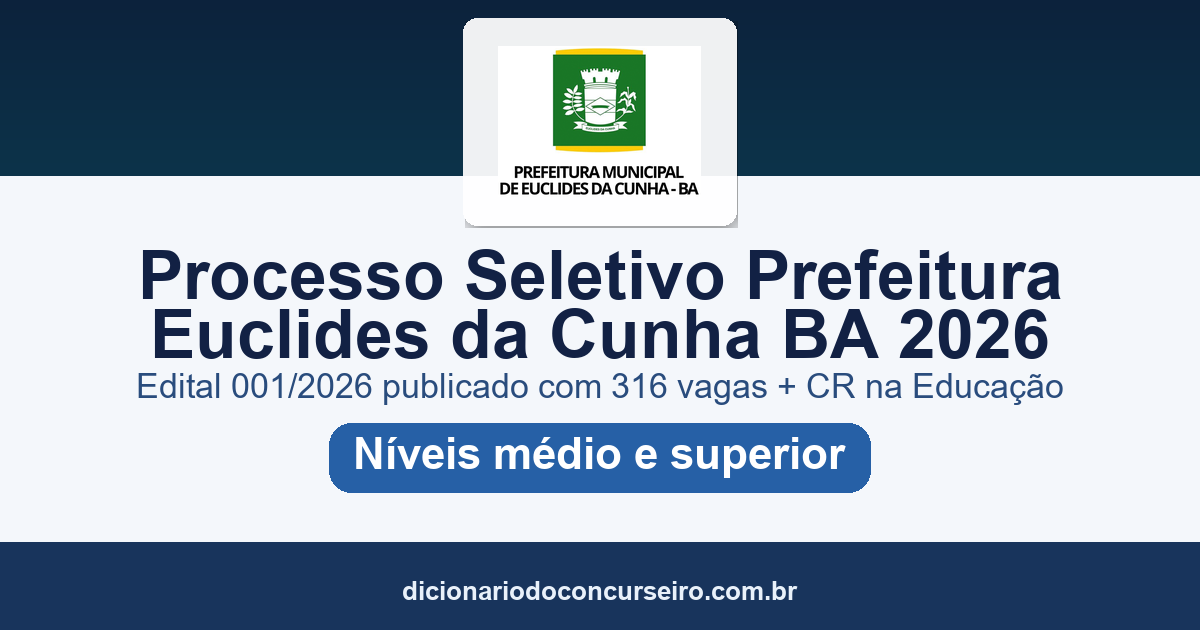 Processo Seletivo Prefeitura Euclides da Cunha BA 2026: edital 001 publicado