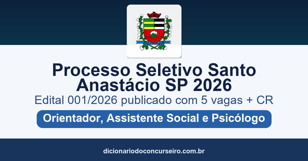 Processo Seletivo Prefeitura de Santo Anastácio SP 2026: edital publicado