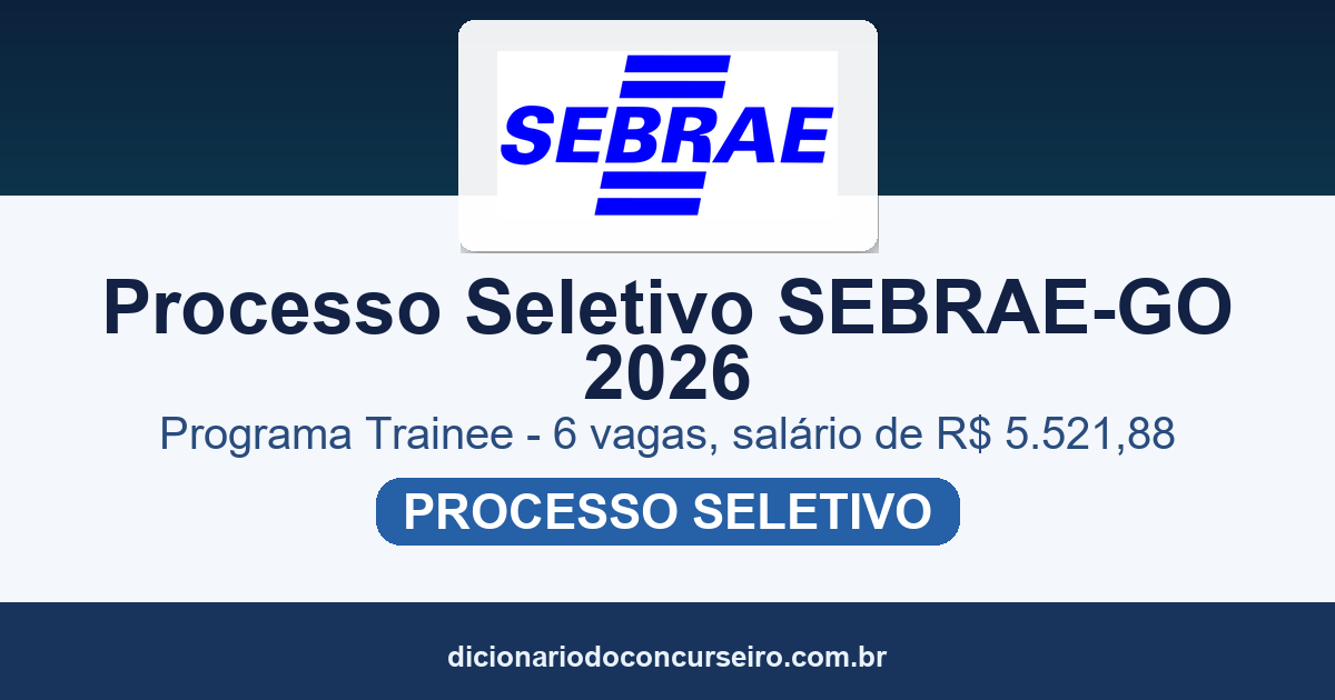 Processo Seletivo SEBRAE-GO 2026: Programa Trainee com 6 vagas, salário de R$ 5.521,88