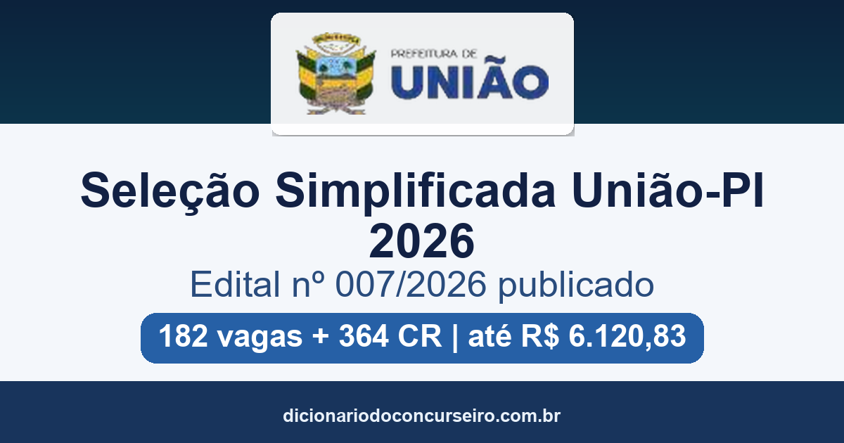 Seleção Simplificada União-PI 2026: edital 007 publicado com 182 vagas
