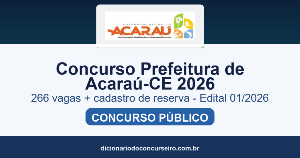 Concurso Prefeitura de Acaraú-CE 2026: edital 01/2026 publicado com 266 vagas e cadastro de reserva