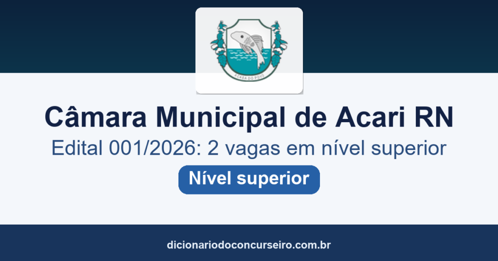 Concurso Público Câmara Municipal de Acari/RN 2026: Edital 001/2026 oferece 2 vagas de nível superior