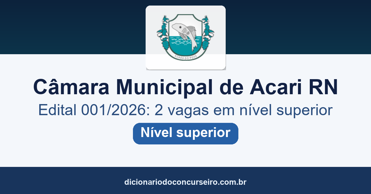 Concurso Público Câmara Municipal de Acari/RN 2026: Edital 001/2026 oferece 2 vagas de nível superior