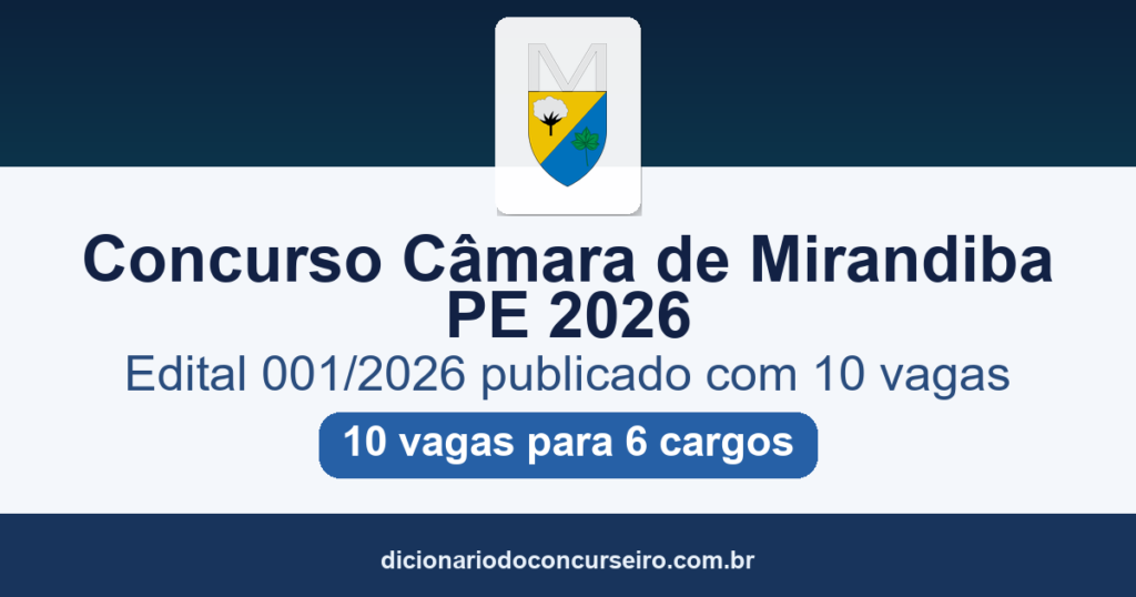 Concurso Câmara de Mirandiba-PE 2026: edital 001/2026 publicado com 10 vagas para 6 cargos
