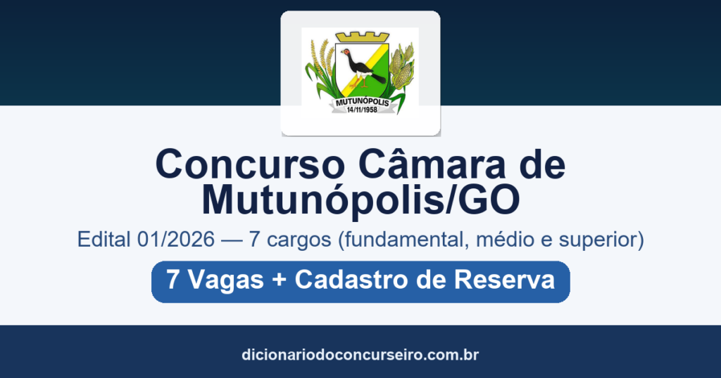 Concurso Câmara de Mutunópolis GO 2026: edital 01/2026 com 7 vagas e salário de até R$ 5.000,00