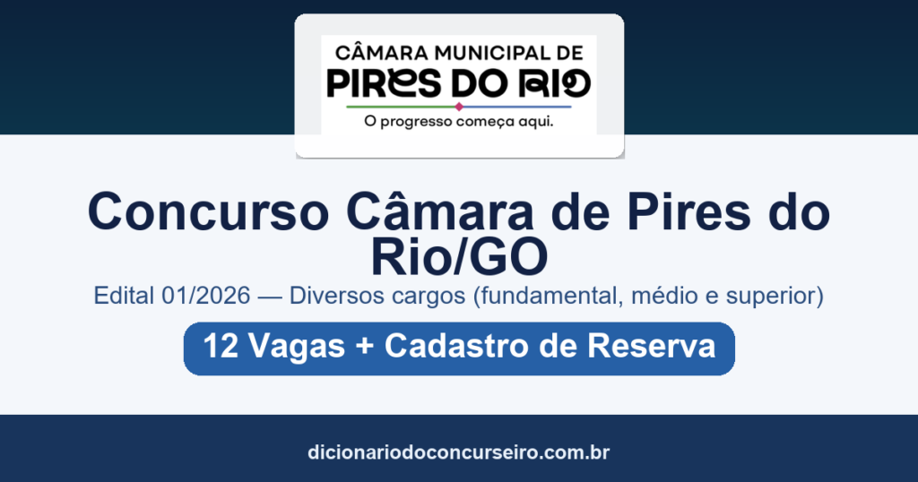 Concurso Câmara de Pires do Rio GO 2026: edital 01/2026 com 12 vagas e salário de até R$ 6.523,44