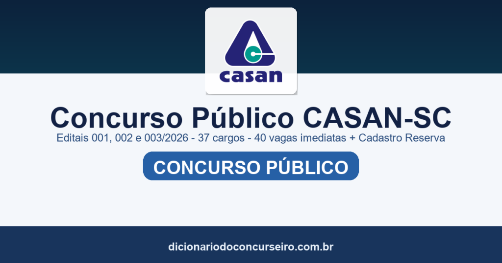 Concurso CASAN-SC 2026: editais 001, 002 e 003/2026 publicados com 37 cargos e 40 vagas imediatas
