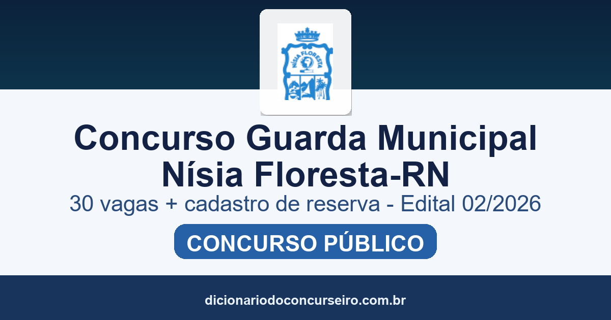 Concurso Guarda Municipal Nísia Floresta-RN 2026: edital 02/2026 publicado com 30 vagas e cadastro de reserva
