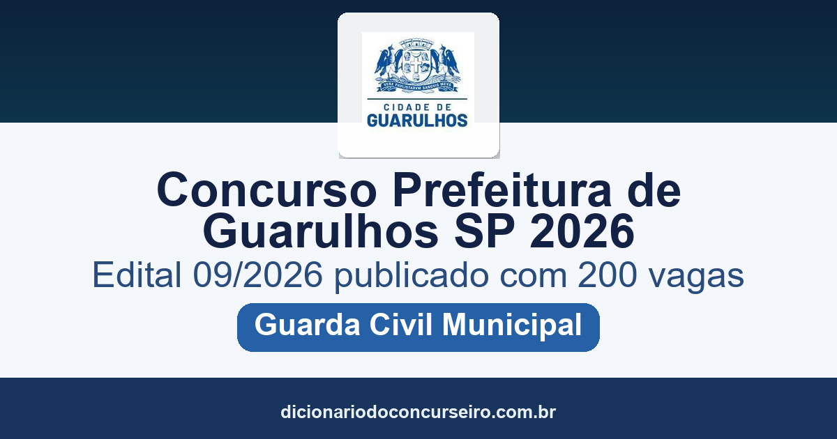 Concurso Prefeitura de Guarulhos-SP 2026: edital 09/2026 publicado com 200 vagas para Guarda Civil Municipal