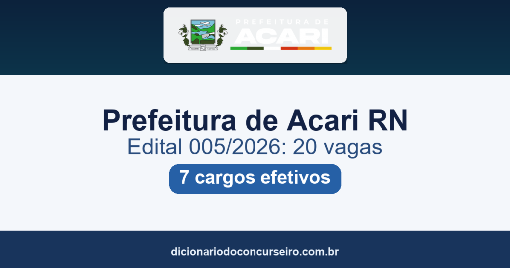 Concurso Público Prefeitura de Acari/RN 2026: Edital 005/2026 publicado com 20 vagas em 7 cargos