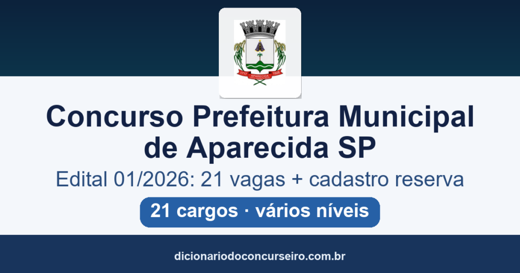 Concurso Público Prefeitura de Aparecida SP 2026: 21 vagas e salários de até R$ 6.946,91