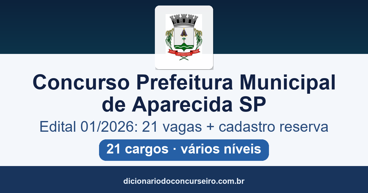 Concurso Público Prefeitura de Aparecida SP 2026: 21 vagas e salários de até R$ 6.946,91