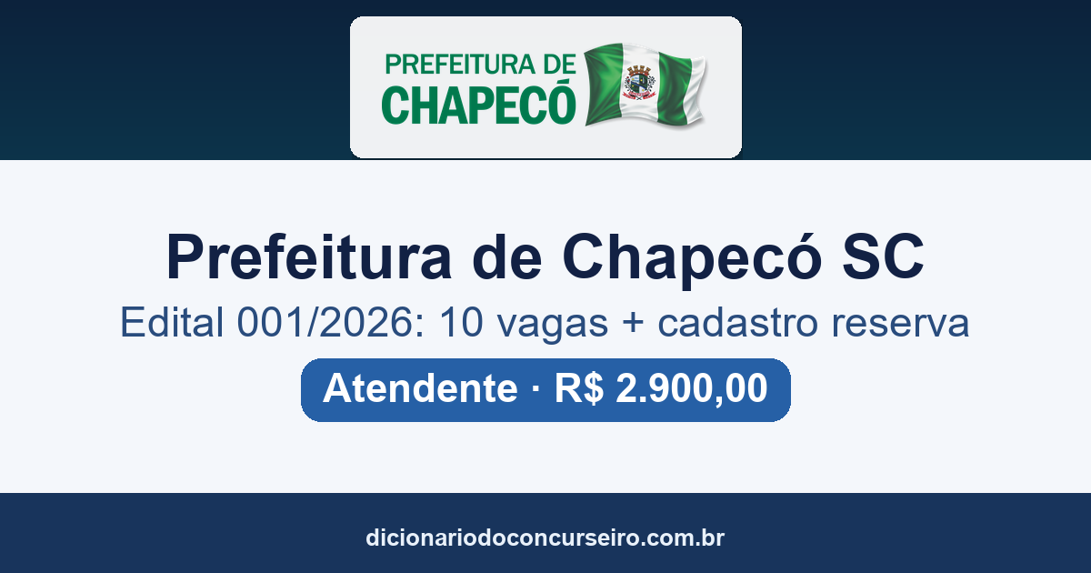 Concurso Prefeitura de Chapecó SC 2026: 10 vagas para Atendente