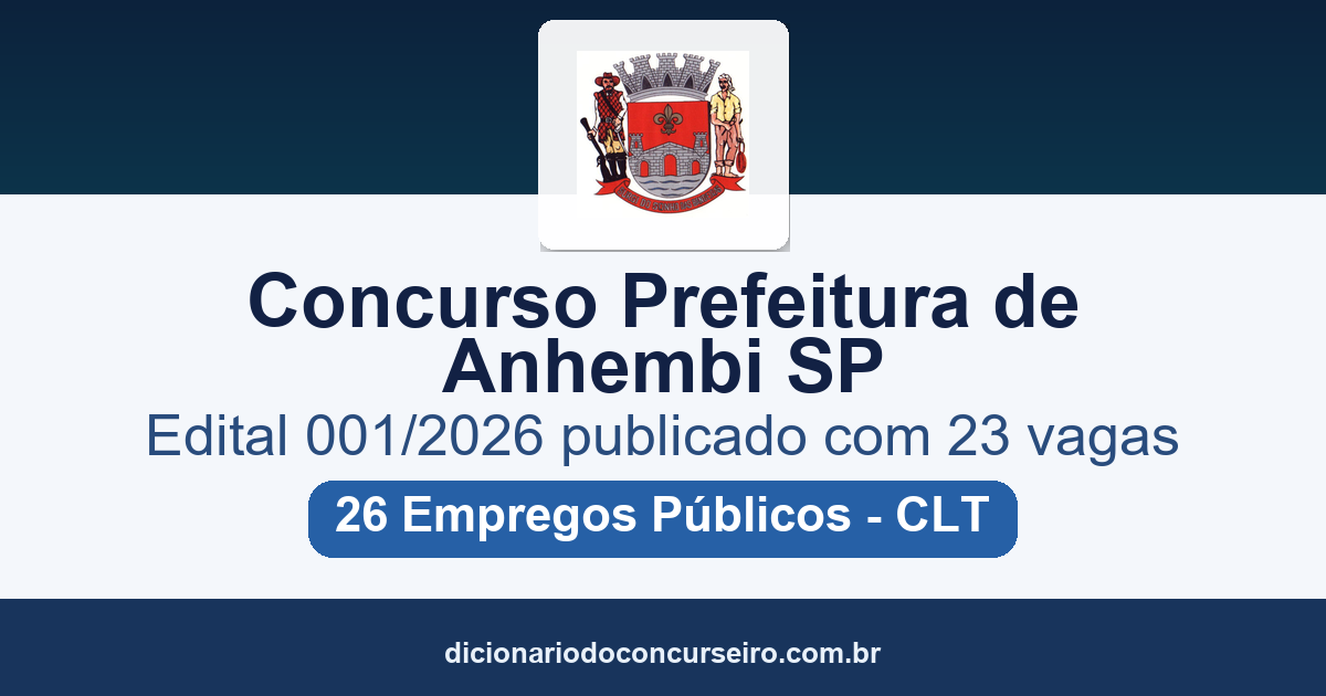 Concurso Prefeitura de Anhembi SP 2026: edital 001/2026 publicado com 23 vagas e cadastro de reserva
