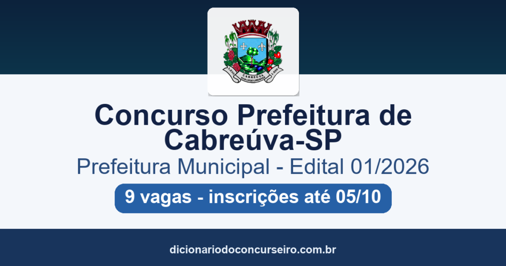 Concurso Prefeitura de Cabreúva-SP 2026: edital 01/2026 publicado com 9 vagas para 14 empregos